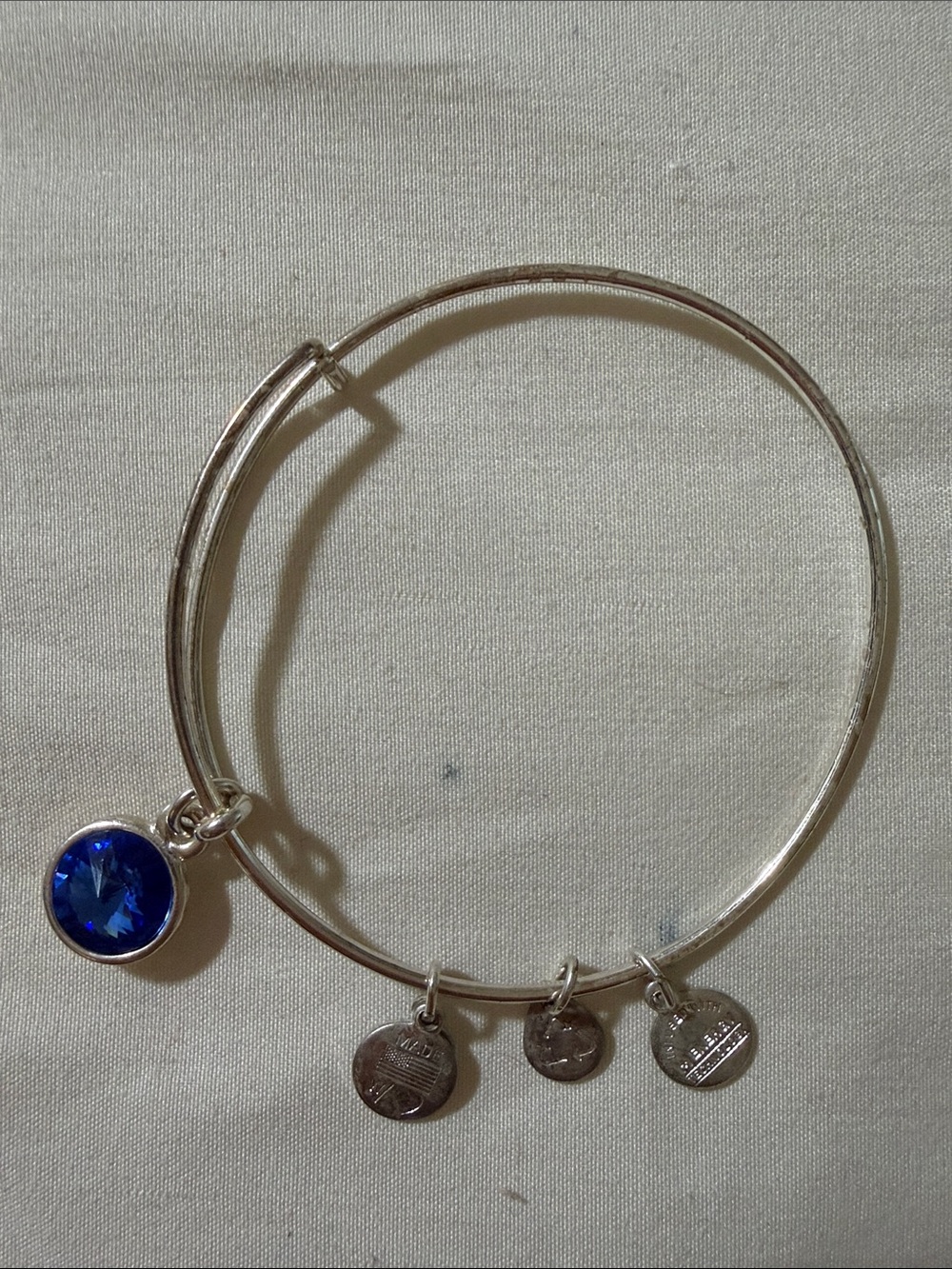 Alex and Ani Silver Bangle with Sapphire Blue Crystal Charm